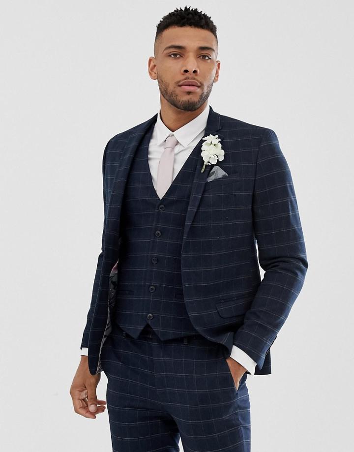 River Island Wedding Skinny Suit Jacket In Navy Check - Navy