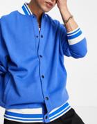 Asos Design Oversized Jersey Bomber Varsity Jacket With Tipping In Blue-blues