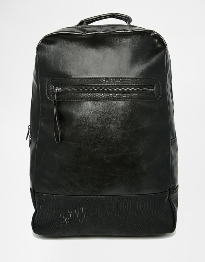 Asos Backpack In Black With Faux Snakeskin Trims - Black