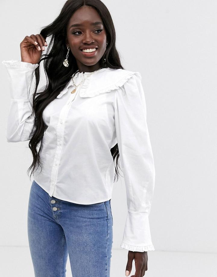Asos Design Long Sleeve Shirt With Ruffle Collar In Cotton - White