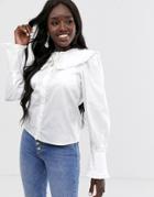 Asos Design Long Sleeve Shirt With Ruffle Collar In Cotton - White