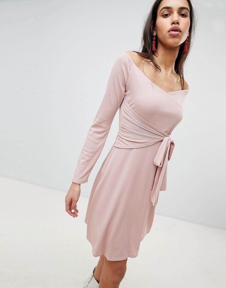 Lost Ink Skater Dress With Tie Waist-pink