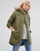 Noisy May Faux Fur Parka Jacket - Green