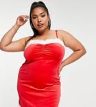 Threadbare Plus Santa Christmas Velour Cami Mini Dress With Faux Fur Trim-red