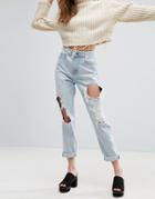 Asos Original Mom Jeans In Missouri Light Stonewash With Rips And Busts - Blue