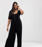 Asos Design Curve Short Sleeve Rib Button Front Jumpsuit-black