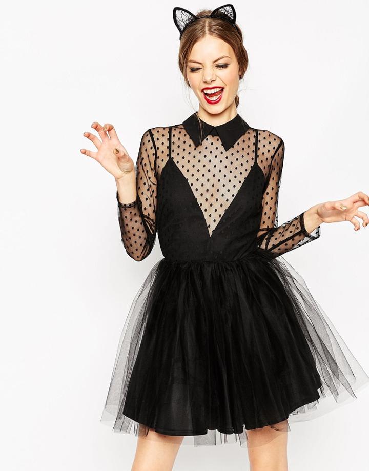 Asos Lace Netted Prom Mini Skater Dress - Black