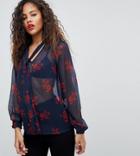 Y.a.s Tall Flow Pussy Bow Blouse - Navy