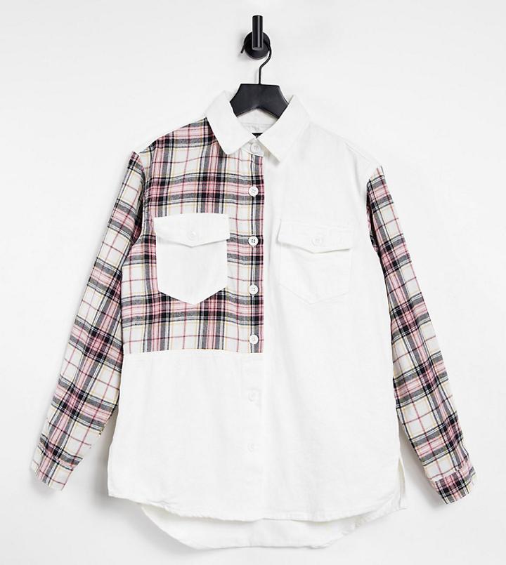 Missguided Denim Shirt In White Color Block Check
