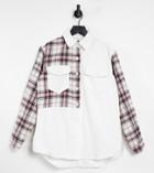 Missguided Denim Shirt In White Color Block Check