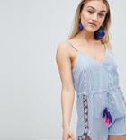 Glamorous Petite Cami Romper With Embroidery And Tassel Ties In Pinstripe-blue