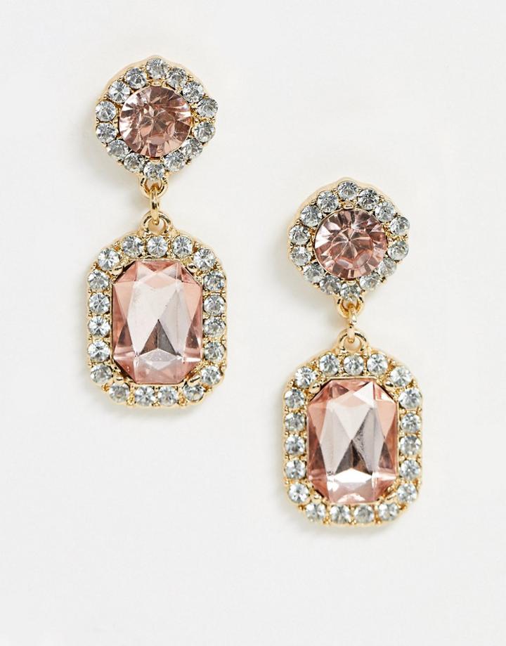 Asos Design Earrings With Peach Pink Double Jewel Drop In Gold Tone