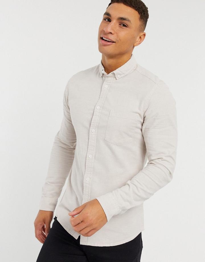 Asos Design Slim Oxford Shirt In Beige-brown