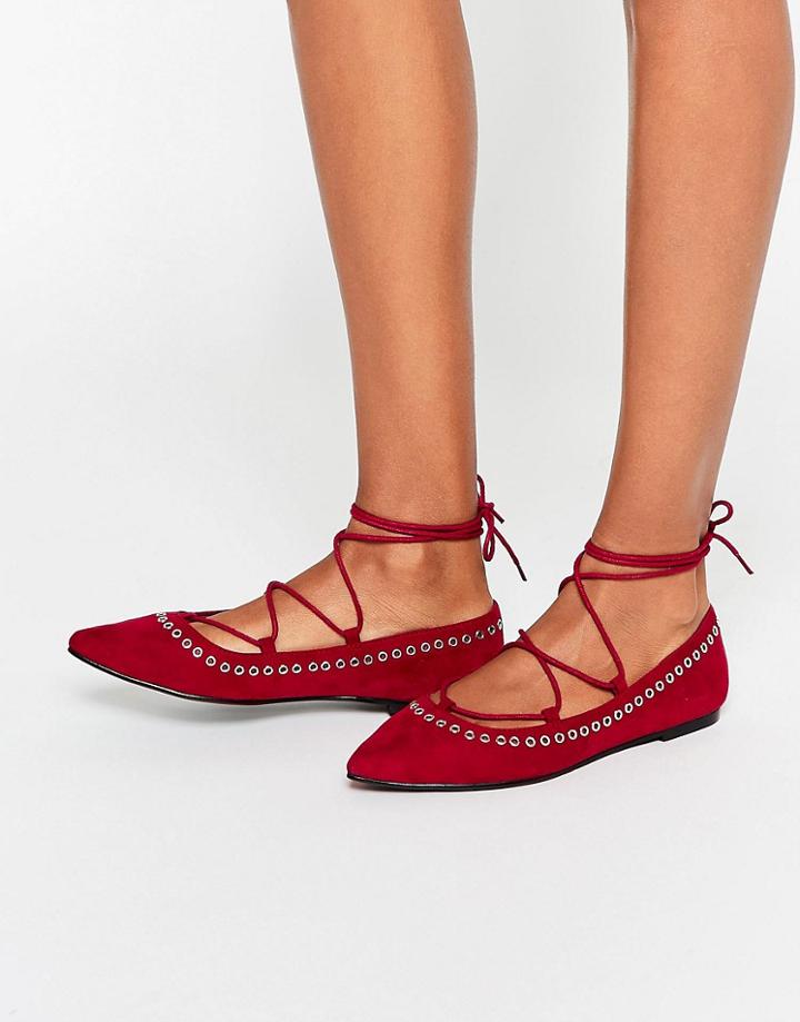 Asos Lois Lace Up Pointed Ballet Flats - Red