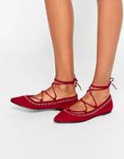 Asos Lois Lace Up Pointed Ballet Flats - Red