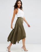 Asos Midi Skirt In Satin With Splices - Green
