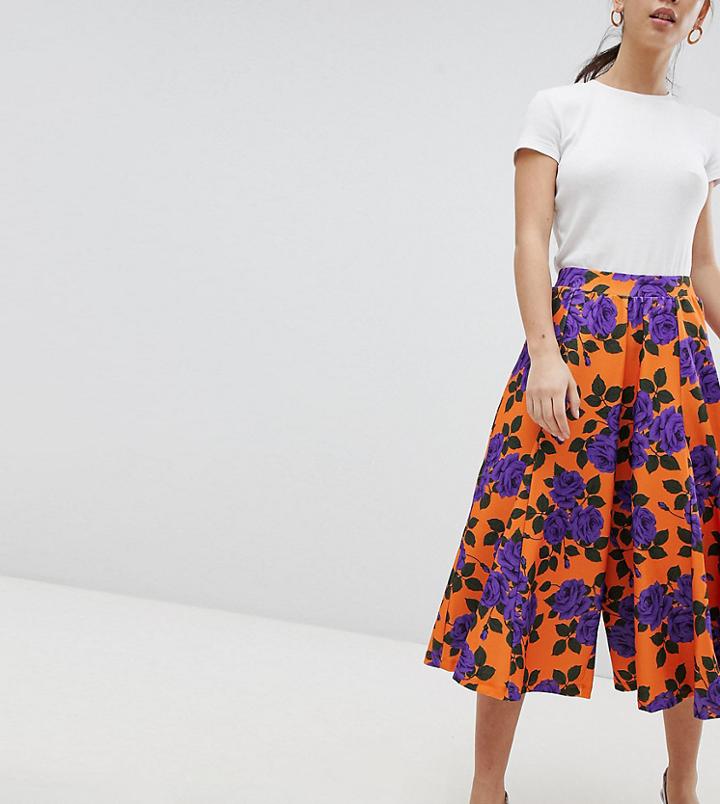 Asos Petite Wide Leg Culottes With Flowing Hem In Orange Floral Print - Orange