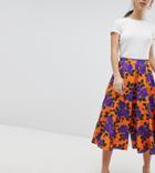 Asos Petite Wide Leg Culottes With Flowing Hem In Orange Floral Print - Orange