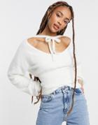 Asos Design Scoop Neck Sweater With Tie Neck In Cream-white