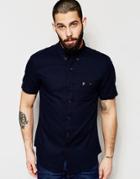 Farah Shirt With Textured Waffle Slim Fit Short Sleeves - Navy
