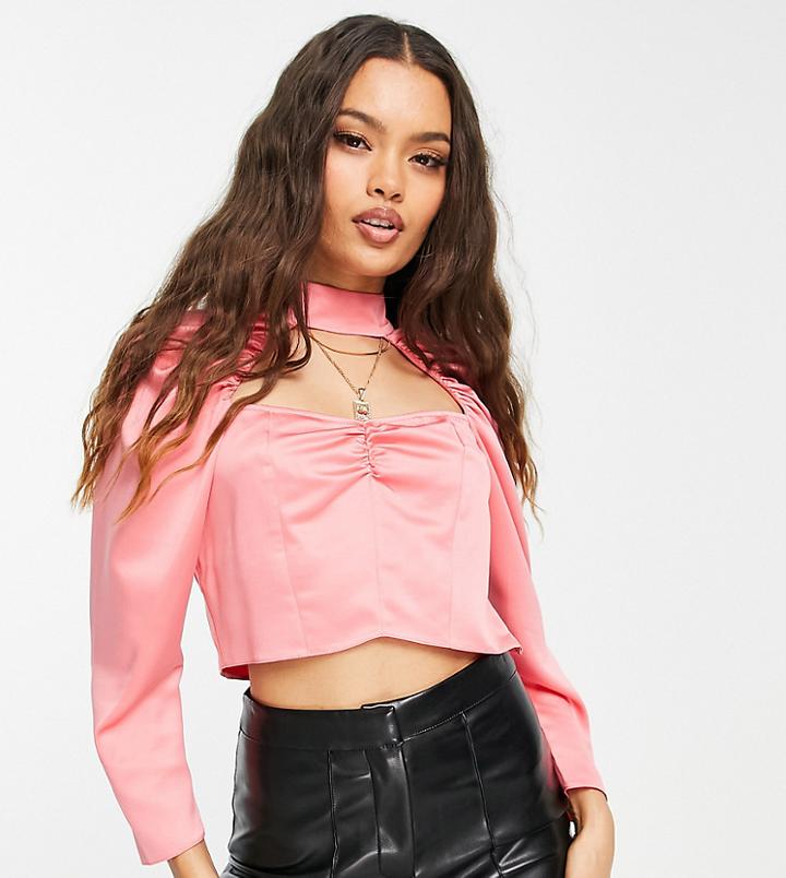 Miss Selfridge Petite Cut Out Ruched Satin Top In Tea Rose Pink