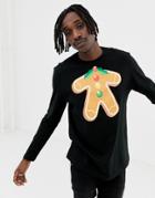Asos Design Holidays Relaxed Long Sleeve T-shirt With Ginger Bread Man Print - Black