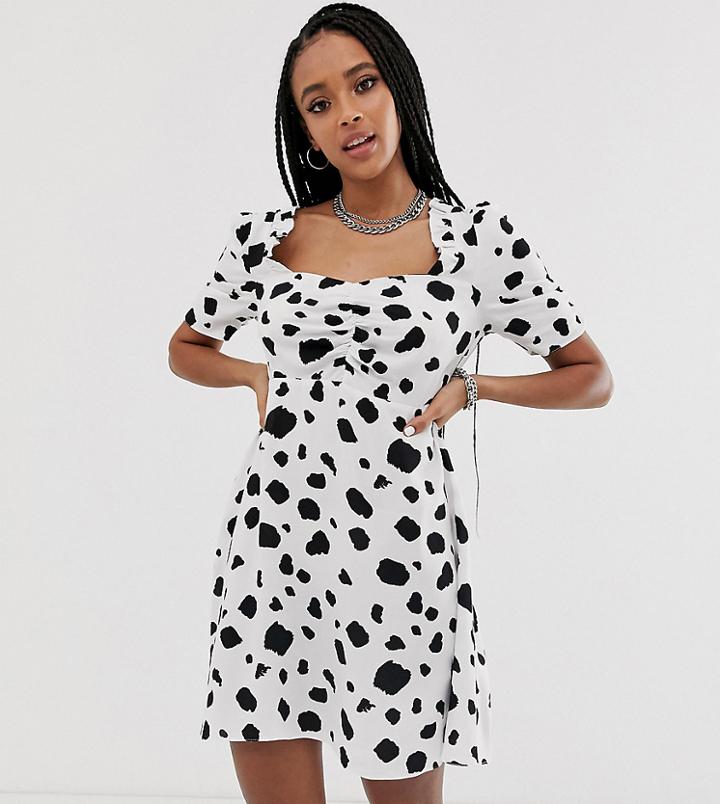 Reclaimed Vintage Inspired Tea Dress With Ruching Front In Dalmatian Polka Dot - Multi