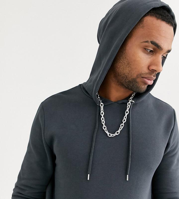 Asos Design Tall Longline Hoodie In Washed Black-gray