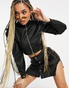 Missguided Set Coated Denim High Neck Top With Puff Sleeves In Black