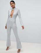 Lavish Alice Sequin Embellished Plunge Jumpsuit In Silver Iridescent - Silver