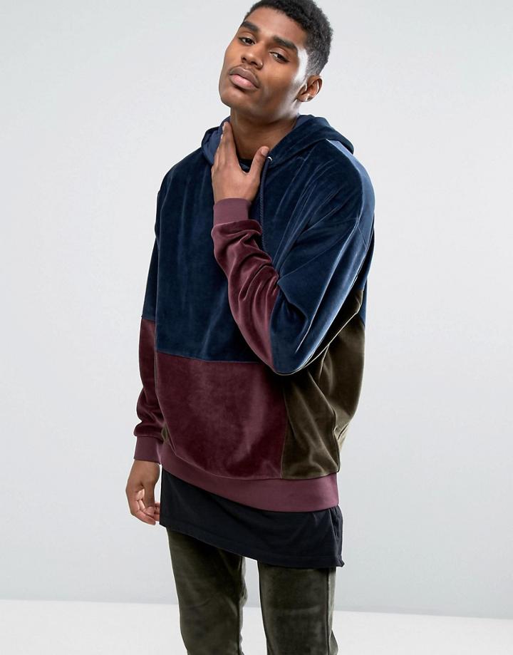Asos Oversized Cut & Sew Hoodie In Velour - Navy
