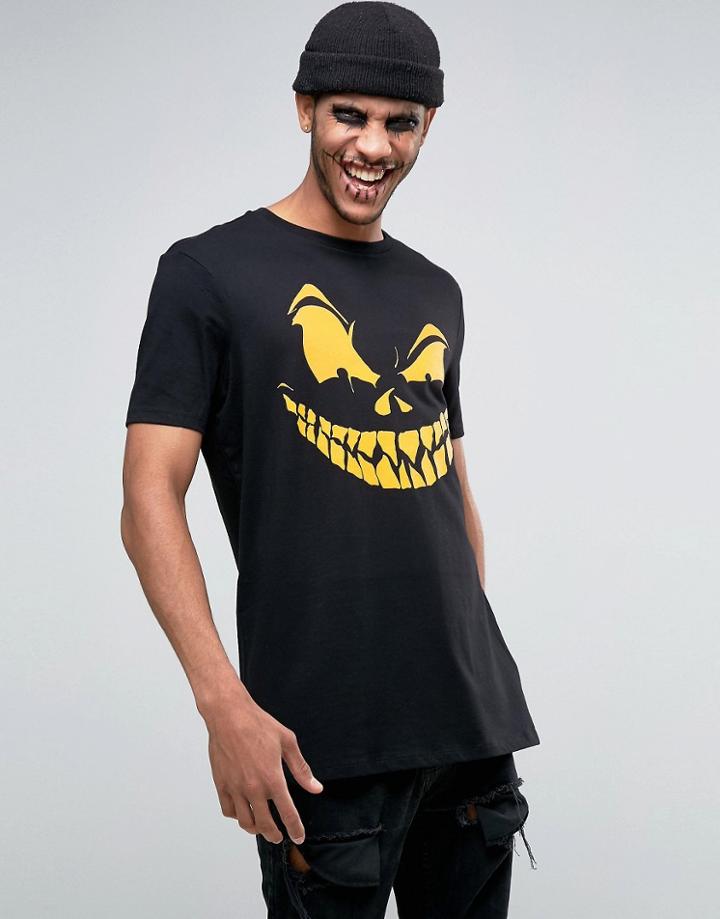 Asos Halloween Longline T-shirt With Pumpkin Print In Black - Black