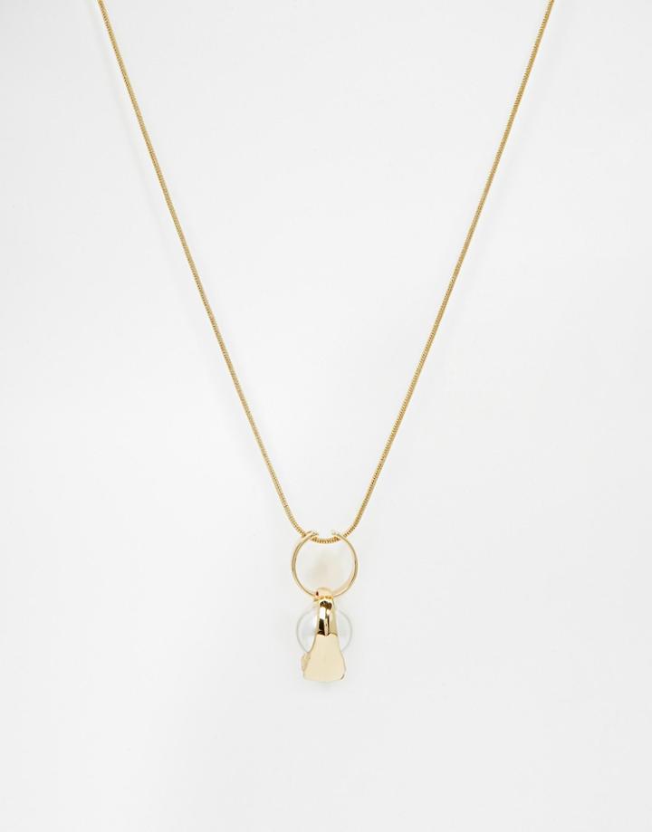 Warehouse Faux Pearl & Ring Pendant Necklace - Gold
