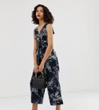 Warehouse Jumpsuit With Button Front In Tropical Print - Navy