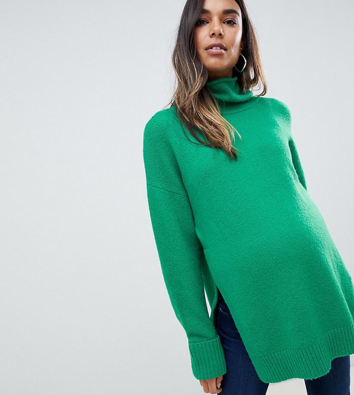 Asos Design Maternity Nursing Chunky Sweater In Oversize With High Neck-green
