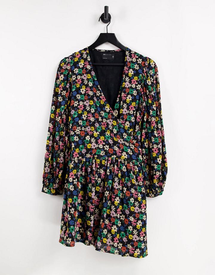 Asos Design Long Sleeve Tie Wrap Mini Skater Dress In Ditsy Floral-multi