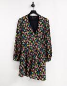 Asos Design Long Sleeve Tie Wrap Mini Skater Dress In Ditsy Floral-multi
