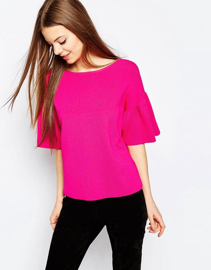 Asos Sweater In Structured Yarn With Ruffle Sleeve - Pink