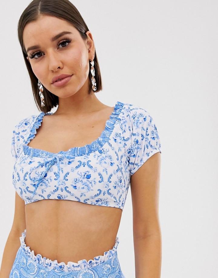 Asos Design Fuller Bust Milkmaid Bardot Bikini Top In Mixed Paisley Print Dd-g - Multi