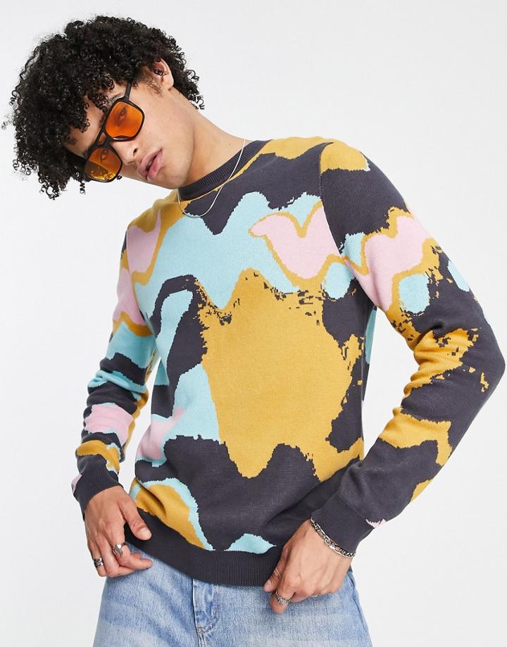 Asos Design Knit Oversized Sweater In Paint Splat Design-purple