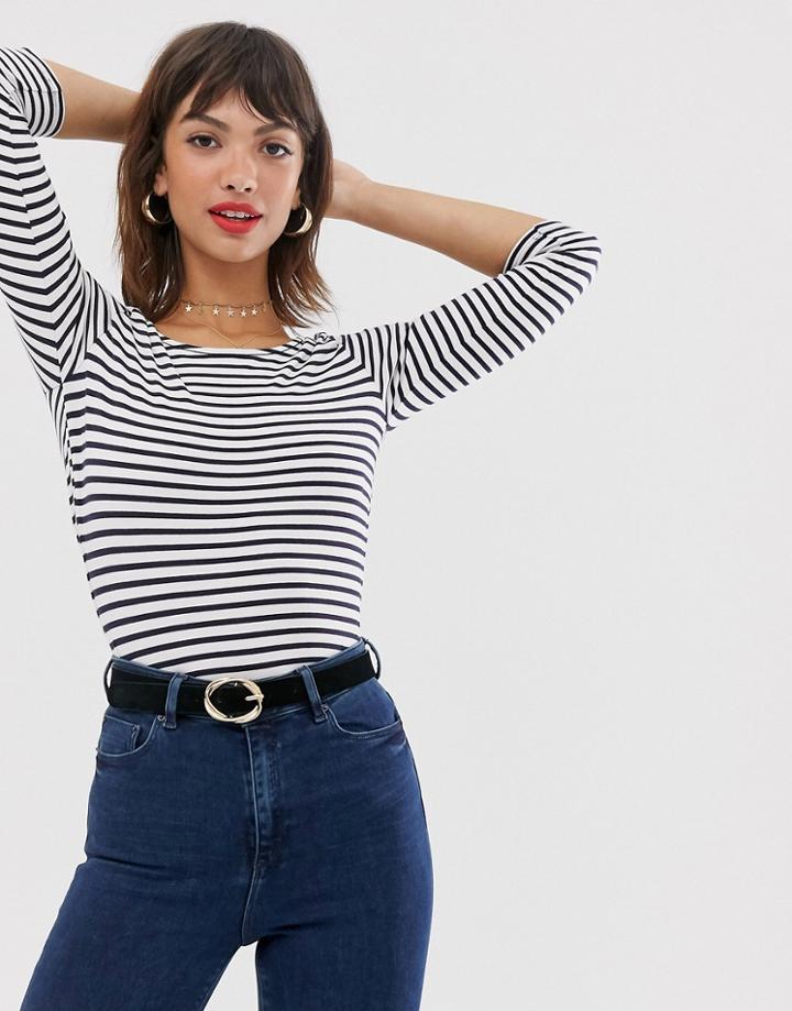 Esprit Stripe Long Sleeved Stripe Top In Navy With Bow Back