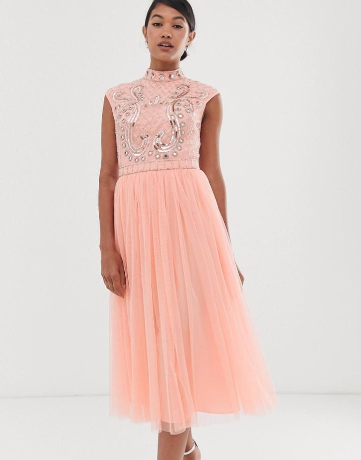 Asos Design Midi Dress With Embellished Mirror Bodice And Tulle Skirt - Multi