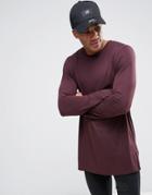 Asos Longline Long Sleeve T-shirt In Drape Viscose Fabric - Red