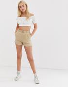 Pull & Bear High Waisted Belted Shorts In Beige - Beige