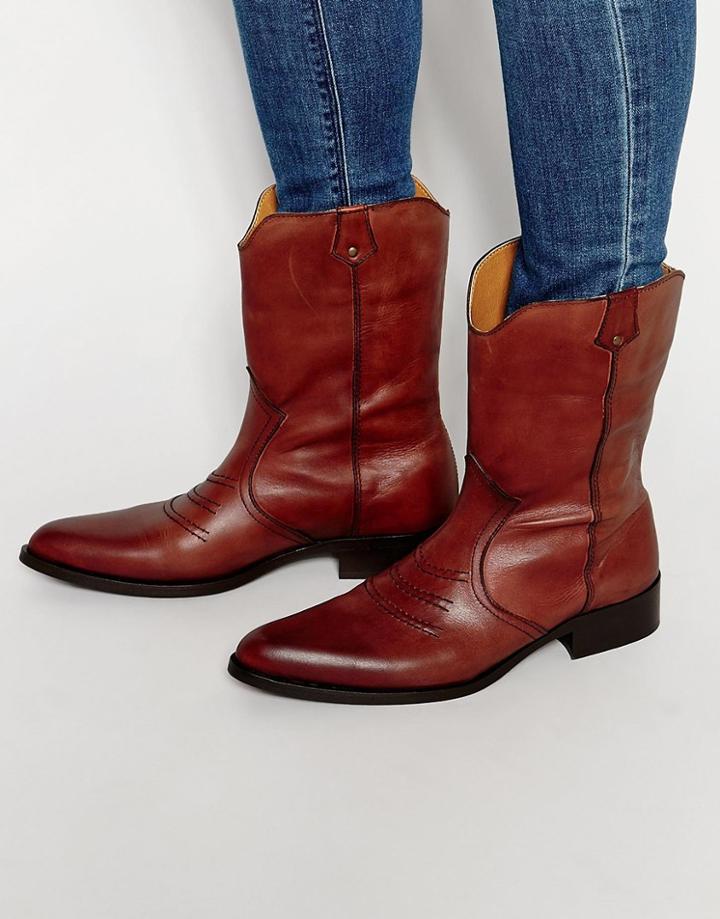 Asos Cowboy Boots In Tan Leather - Tan