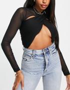 Asos Design Hourglass Crossover Top With Mesh Sleeve Bodysuit-black