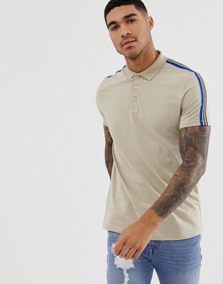 Asos Design Organic Polo Shirt With Rainbow Shoulder Taping In Beige - Beige
