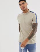 Asos Design Organic Polo Shirt With Rainbow Shoulder Taping In Beige - Beige