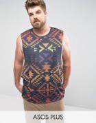 Asos Plus Sleeveless T-shirt With Extreme Dropped Armhole In Linen Look Fabric With Geo-tribal Print - Multi