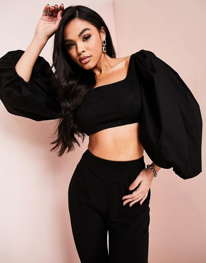 Asos Luxe Cotton Puff Sleeve Mini Crop Top In Black